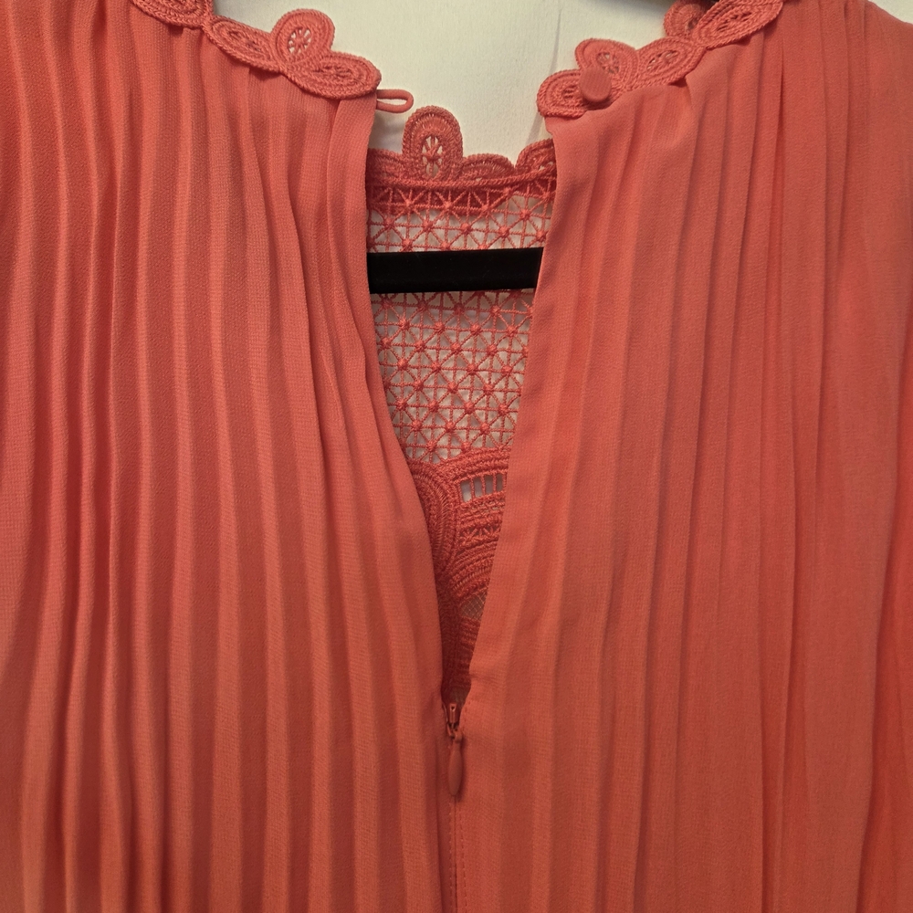 Self-Portrait Coral Pink Chiffon Lace Bib Maxi Pleated Dress – Size US 6 NWT - Picture 9 of 10